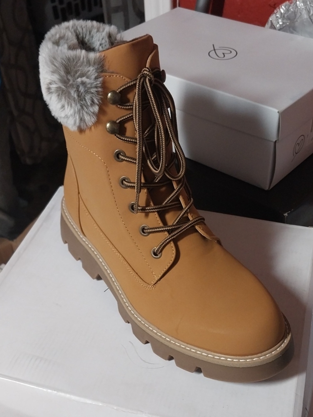 Women's Faux-Fur Trim Lace-Up Tan Ankle Boots